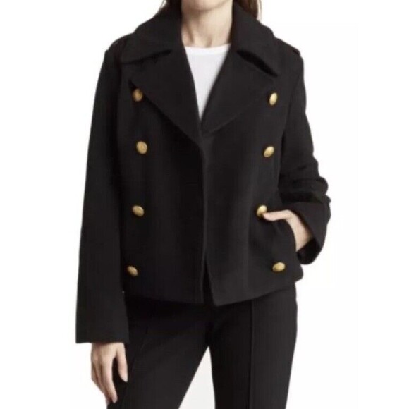 Rebecca Minkoff Double Breasted Epaulet Women’s Black Pea Coat Size Medium NWT - Picture 2 of 9